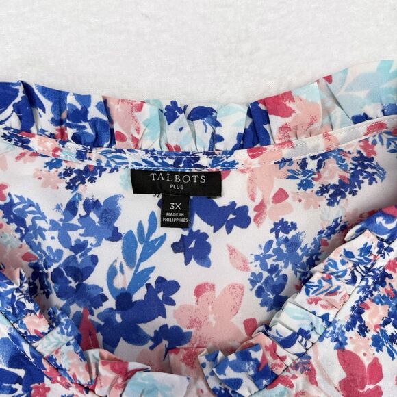 Talbots Top Plus Size 3X Blue Pink Floral Popover Blouse Ruffles Preppy Resort - Picture 7 of 11
